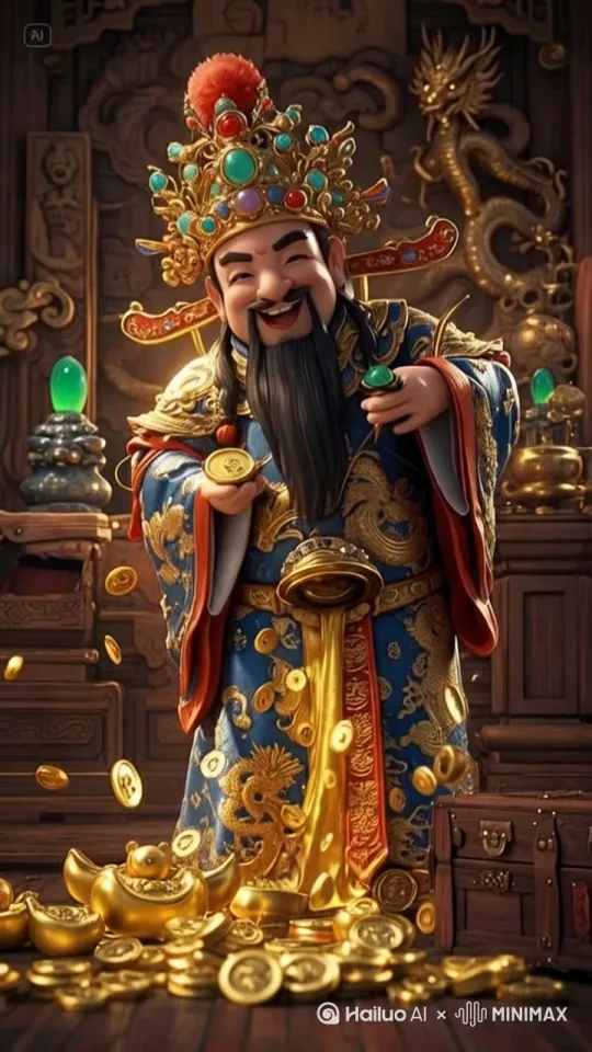 财神爷手中的金币像泉水一样往外冒出来，哗哗往下流，电影质感，超高清 by Hailuo AI Video Generator