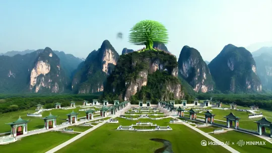 海内的昆仑山，屹立在西北方，是天帝在下方的都城。昆仑山，方圆八百里，高一万仞。山顶有一棵像大树似的稻谷，高达五寻，粗细需五人合抱。昆仑山的每一面有九眼井，每眼井都有用玉石制成的围栏。昆仑山的每一面有九道门，而每道门都有称作开明的神兽守卫着，是众多天神聚集的地方。众多天神聚集的地方是在八方山岩之间，赤水的岸边，不是具有像夷羿那样本领的人就不能攀上那些山冈岩石。 by Hailuo AI Video Generator