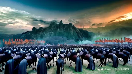 远景：建安二十四年，定军山，漫山遍野的蜀军和曹军对峙，旗帜飘扬，气氛紧张，超现实主义风格。10000宋军与15000曹军激烈在交战，两边均有具甲重装骑兵，曹军反复冲击，蜀军步兵结阵坚守阵线，双方从白天战斗到黑夜，最终曹军退兵，蜀军回到城池。
近景:慢慢镜头拉近，看到曹军退兵后，蜀军的将帅松了一口气。将帅里有刘备，诸葛亮，关羽，张飞，赵云等等 by Hailuo AI Video Generator