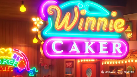 在一片甜蜜的蛋糕氛围里 出现winnie cake的霓虹灯招牌  接着出现一个超大蛋糕 by Hailuo AI Video Generator
