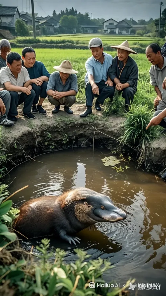 鸭嘴兽在坑里时间缩成一个圈，疯狂旋转起来，飞出坑外，直往天空 飞，人群欢呼鼓掌呐喊。 by Hailuo AI Video Generator
