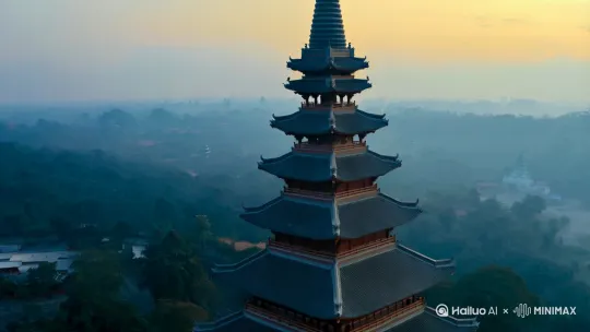 一个摄影师在拍摄古塔，要求运镜自然磅礴大气[下降,上摇] by Hailuo AI Video Generator