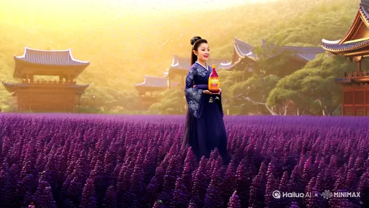 帮我生成图片：帮我生成图片：帮我生成图片：我想创作一个九二八文化实业有限公司的不老莓仙子的视频。
一位身着古典汉服的不老莓仙子，立于紫黑色不老莓田与徽派建筑之间，银铃轻响、不老莓果飘落，光影如诗如画，既符合现代审美，又承载东方文化基因，完美诠释928文化实业的品牌“爱的味道”精神。图片再增加一只小老虎和一只熊猫，仙子手捧着一瓶928不老莓原浆，大家一起欢快的起舞 by Hailuo AI Video Generator