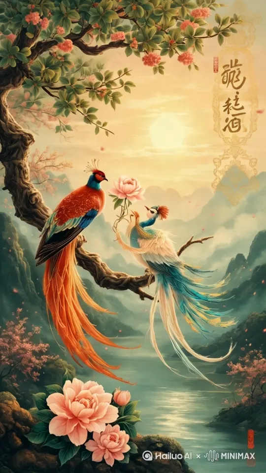 两只色彩斑斓的神鸟，一只通体金色，闪烁着金属光泽，另一只银色，羽毛如月光般柔和，它们站在树枝上，相互梳理羽毛，不时发出欢快的鸣叫。 	 鸟鸣声清脆悦耳[左移,右摇,跟随] by Hailuo AI Video Generator