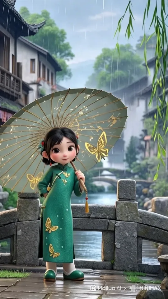 小女孩沿着石桥往前走，拉远镜头露出远景 by Hailuo AI Video Generator
