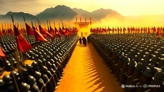 秦军方阵，士兵身穿黑色铠甲，手持青铜兵器，整齐排列成方阵队列，军旗迎风飘扬，战鼓声声，黄土飞扬，战场氛围肃杀而恢宏，远处山脉隐约可见，夕阳余晖洒在铠甲上，光影交错，展现出秦军的威严与历史的厚重感。”[推出,上升,下摇] by Hailuo AI Video Generator