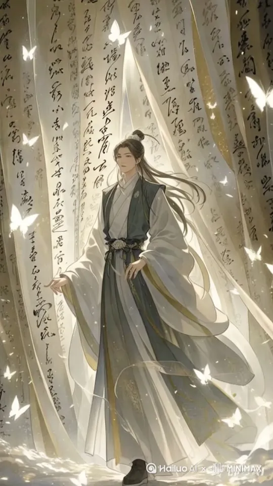主题人物不动，背景中的纱幔飘动，蝴蝶飞舞 by Hailuo AI Video Generator