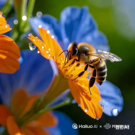 帮我生成蜜蜂采蜜的动画，要有露珠的滴落和花朵的反应 by Hailuo AI Video Generator
