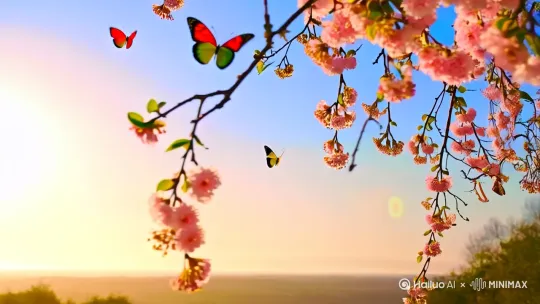 桃花、梨花纷纷飘落，漫天彩蝶在空中飞舞，金色阳光洒落的宏大场面 by Hailuo AI Video Generator