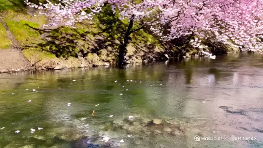 画面：粉白樱花随风飘落溪流，花瓣顺水而下，山雀枝头抖翅，远处雪山融雪汇成瀑布。
提示词：樱花纷飞、溪谷春色、融雪瀑布、山雀鸣唱、花瓣漂流、瞬逝之美。 by Hailuo AI Video Generator