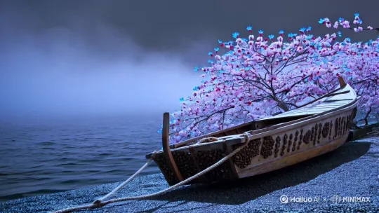 靛蓝与铅灰交融的天际线下，卵石小径在晨雾中泛着湿润的幽光。褪色舢板的缆绳在浪涌中吱呀作响，船舷附着藤壶的纹理宛若神秘符文。野樱树以决绝的姿态横贯视野，枝条因承载过量花簇而弯折成拱桥，五重瓣花朵在熹微中舒展如冰雕，每片花瓣边缘都晕染着极浅的蓝调，暗红萼片在叶丛间闪烁如星屑。苔原向海岸过渡处突起着玄武岩柱群，浪花在其棱角上撞碎成钻石尘。云层如被无形巨手揉皱的锡箔，裂缝中渗出的玫瑰金正缓慢吞噬夜色的残余，海鸥掠过时抖落的羽毛悬浮在光束中，成为这场无声戏剧的标点符号，生成比较真实的3D效果[右摇,变焦推进] by Hailuo AI Video Generator