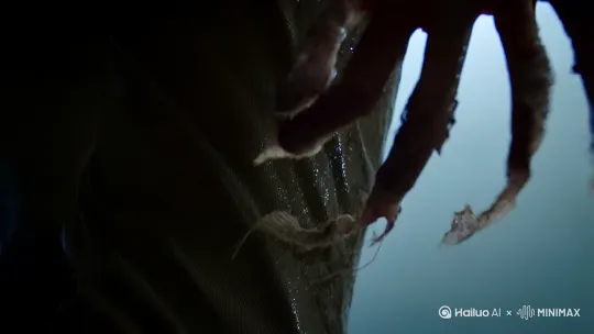 场景构建：
1. **核心意象**（近景特写）：
- 青灰色枯爪刺破浓雾，腐朽指尖离镜头仅半寸
- 汗湿的后颈特写，碎发随奔跑剧烈颤动
- 褪色符咒在夜风中飘旋，朱砂符文诡艳如血

2. **动态元素**（运镜设计）：
[水平摇晃]手持式跟拍视角+[变速剪辑]僵尸群关节爆响的跳跃声忽远忽近
[俯冲镜头]主角绊倒时视角突然下坠，泥水中倒映出逼近的獠牙

3. **环境氛围**：
- 残破纸灯笼在槐树枝头摇晃，幽绿磷火勾勒飞檐斗拱
- 潮湿青石板反着冷月光，每步踏碎水中倒影都漾起尸臭涟漪

4. **超现实扭曲**（梦境特性）：
- 奔跑时两侧白墙不断增生符咒，墨迹如活蛇游走
- 每经过一道月亮门，身后巷道就塌缩成棺材形状

5. **符号隐喻**：
主角腰间玉佩随奔跑裂痕蔓延，暗喻护身阳气消散
僵尸官服补子上的鹤逐渐腐化为白骨，象征死亡追猎[晃动,跟随] by Hailuo AI Video Generator