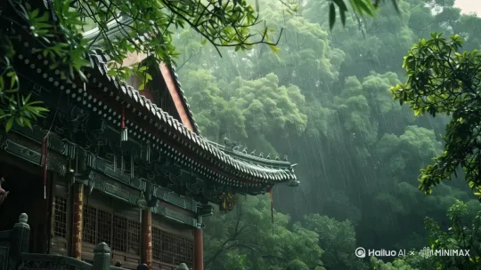 阴天，下着雨，风吹的树叶草木轻轻的摇摆，风铃也随风摇动发出鸣响，唯美，静谧。要有下雨声 by Hailuo AI Video Generator