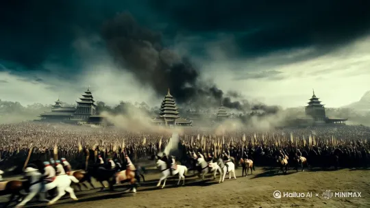古代香积寺之战，战场，视觉效果震撼，千军万马，两军交战，史诗级大片，3d环绕 by Hailuo AI Video Generator