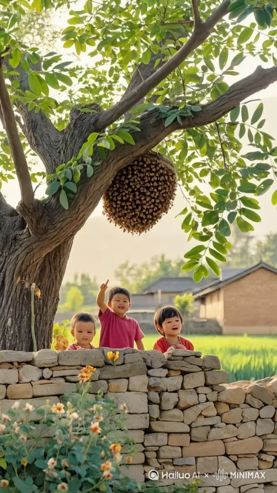 小孩双脚一跃捧住马蜂窝，马蜂窝掉落，无数马蜂飞落到小孩身上，小孩上窜下跳，飞快逃跑
 by Hailuo AI Video Generator