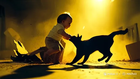 二者正处于激烈的打斗场面中。婴儿高高跃起，小短腿奋力踢向猫咪的头部；猫咪则敏捷地侧身，同时伸出锋利的爪子抓向婴儿的腰间。飞扬的灰尘在他们周围弥漫，破碎的纸箱被打斗的气流掀飞。昏黄闪烁的灯光在他们身上投下摇晃不定的光影，营造出极度紧张又惊险的氛围。超细节，超高清，8k，超逼真，景深控制，hdr。 by Hailuo AI Video Generator