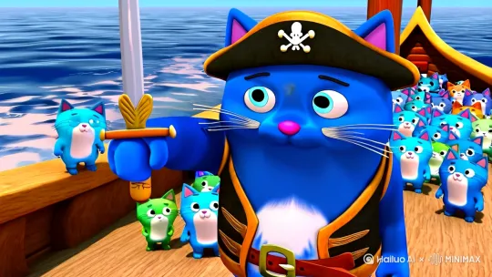 在海上一艘正在移动海盗船上一只蓝色的胖猫穿着海盗的衣服，一只手拿着一把剑指着前方，身后还有一群可爱的蓝色胖猫看着他 by Hailuo AI Video Generator