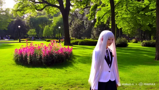 一个穿着jk的萝莉少女她的头发是白色，站在一个公园的中心 by Hailuo AI Video Generator