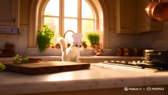 猫咪在厨房做饭 by Hailuo AI Video Generator