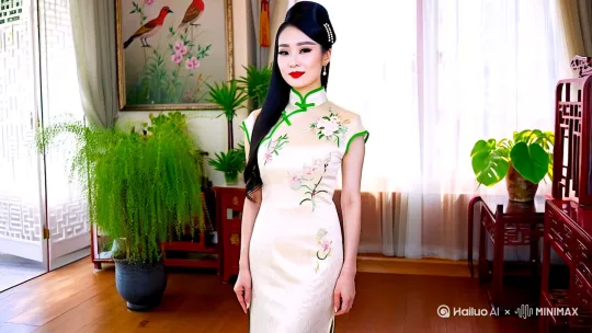 推荐米白色或浅粉色中式旗袍,采用收腰剪裁与刺绣花卉/枝叶图案,搭配绿色盘扣凸显东方韵味。改良款可选短款设计,侧边高开叉展现腿部线条。若追求华丽感,红色旗袍配金色龙凤刺绣也是经典之选。
发型与妆容
黑色长发需盘成高髻或松散发髻,可点缀发簪/珍珠发饰,突出古典气质。妆容以精致柳叶眉、深邃眼线和红唇为主,强调妩媚与端庄的平衡。
鞋履搭配
米色/白色尖头高跟鞋与浅色旗袍呼应,黑色漆皮高跟鞋则适合红色等深色系旗袍,通过色彩对比强化视觉层次。搭配肉色/黑色丝袜可增添性感细节。
配饰与背景
手持团扇或折扇,搭配绿植、花鸟挂画及中式家具,营造雅致氛围。若需现代感,可加入皮质行李箱等道具。 by Hailuo AI Video Generator