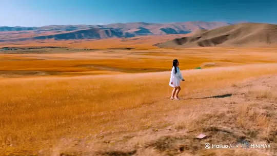 [右移,左摇,跟随]构建一名在新疆喀纳斯金秋时节行走在美景中的穿着短裙的汉族美女在草原上行走欣赏美景的视频 by Hailuo AI Video Generator