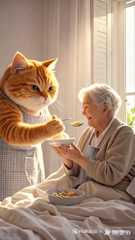 一只系着围裙的巨大的可爱猫咪站在床边给年迈的老奶奶喂饭，人形可爱猫咪，白色房间，商业拍摄，丁达尔光效，中镜头，唯美意境，层次感，立体感，最佳质量，8K。原比例。 by Hailuo AI Video Generator