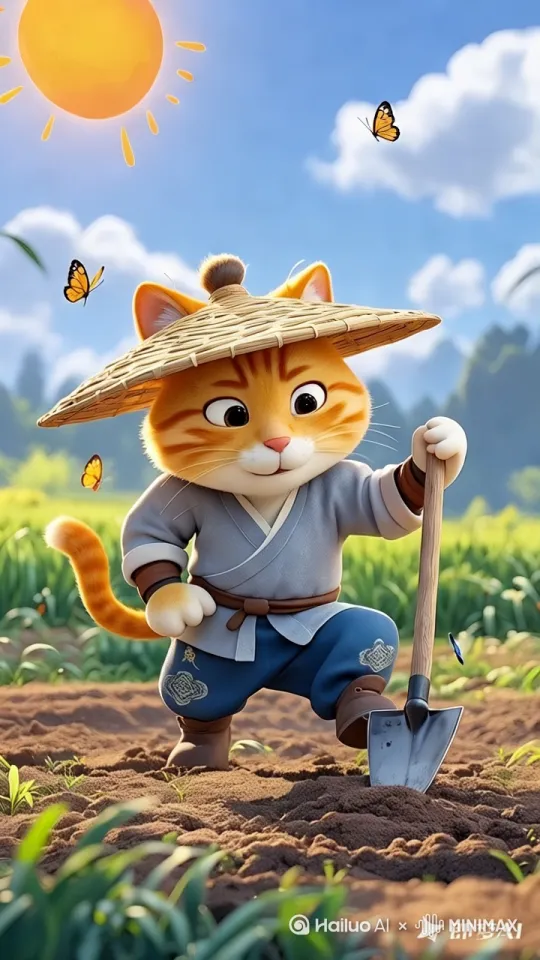 主体呈现动态自然，橘猫握着小锄头，弯腰锄地；他的眼睛微微眯起，额头上渗出汗水，嘴巴微微张开，喘着气；尾巴轻轻摆动，表现出疲惫但坚持的情绪。他的浅灰色短袍在微风中轻轻飘动，田间的禾苗随风轻轻摇曳，几只蝴蝶在田间飞舞。[跟随] by Hailuo AI Video Generator