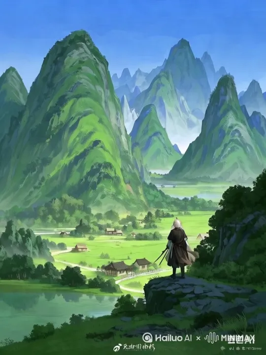 镜头缓缓向前推，侠客转身走进山里，最后看见山中的绿荫 by Hailuo AI Video Generator