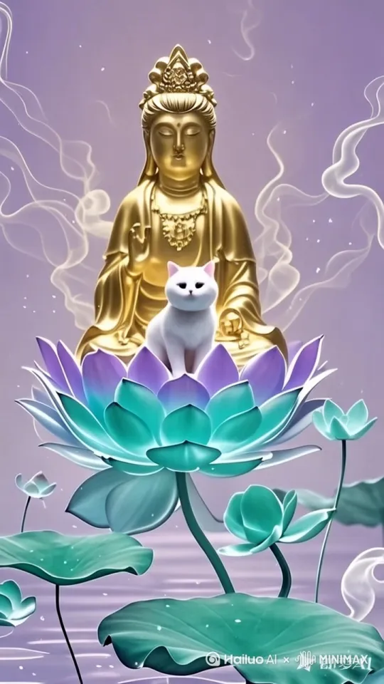 极简风格，梦幻紫青莲花，浅紫色的背景上，一尊金色发光的巨大观音漂浮在空中，蒂芙尼蓝，蒂芙尼蓝的小荷叶与茎秆，精细的纹理和透明的玻璃材料，蒂芙尼蓝色烟雾漂浮在莲花四周，超现实主义的场景，国风艺术，高清摄影，大景深，3D渲染，高品质细节，超精细CG，高分辨率，C4D，8K有只可爱的猫咪坐在荷叶上 by Hailuo AI Video Generator