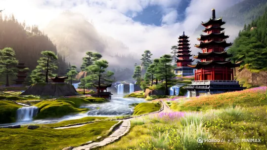 中国古代诗情画意的山水场景，山中有亭台楼阁展现了中国古建筑之美，山中也有飞瀑，也上有苍劲的松柏，也有小草与野花，山中有一条蜿蜒的石板路，上面长满了翠绿的苔藓，山涧有雾气与白云，空中有飞鹤，整个场景恢弘大气，仙气缭绕，展现了东方美学的意境，黄金构图，画面和谐，超现实风格，摄影质感，8K，[左移,推进,右摇] by Hailuo AI Video Generator