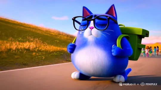 生成一只蓝色的特别胖的猫背着书包，走在马路上，后面有一点人，它眼泪直掉它有手有脚,带着黑色眼镜，卡通3D by Hailuo AI Video Generator
