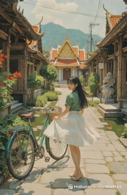 女孩旋转半圈，停下来对着镜头笑，远处有白鸽飞过，风铃摇摆 by Hailuo AI Video Generator