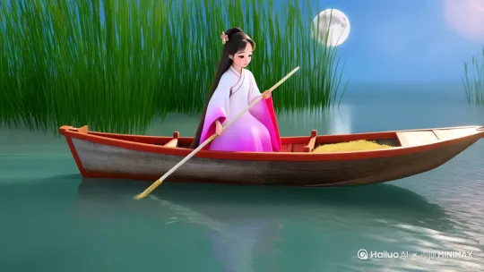 （头戴蝴蝶发簪，长发披肩，穿粉白渐变襦裙）中国古风少女在小舟上撑篙，船头推开浮萍，芦苇丛随风摆动，月亮倒影破碎，侧方平移镜头，中国古代卡通，明亮的色彩，3d皮克斯风格 by Hailuo AI Video Generator
