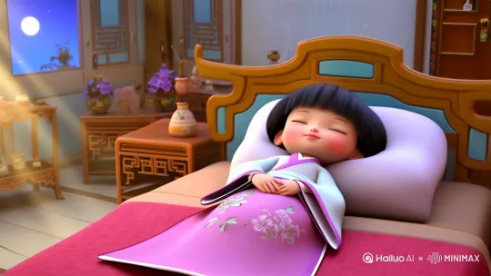 中国古风儿童形象，穿着传统汉服，躺在床上，闭着眼睛，表情安详，房间内有古风家具，窗外有月光，画面色彩柔和，充满诗意的氛围，中国风，pixar，3D插画风格，Q版，高品质，高分辨率，超清，c4d，OC渲染。中国古代卡通，明亮的色彩，3d皮克斯风格。[左移,推进,上升] by Hailuo AI Video Generator