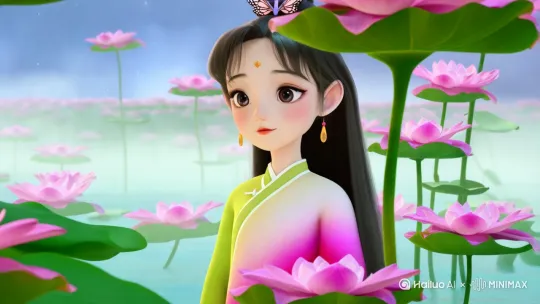 （头戴蝴蝶发簪，长发披肩，穿粉白渐变襦裙）中国古风少女在荷花丛中停舟，密集荷叶遮挡视线，露珠从花瓣滑落，薄雾笼罩水面，主观视角前推镜头，中国古代卡通，明亮的色彩，3d皮克斯风格 by Hailuo AI Video Generator