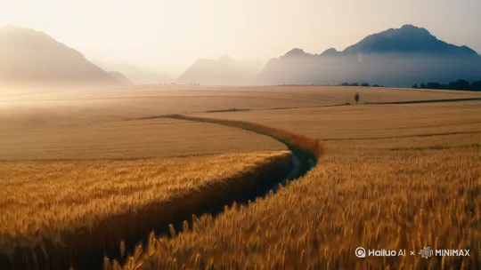 在黎明的微光中，大地仿佛被一层薄纱轻轻覆盖，朦胧的光线如同一支温柔的画笔，描绘出一幅宁静而充满生机的田园画卷。画面中，一条蜿蜒的小径穿过金黄的麦田，麦穗在晨风中轻轻摇曳，仿佛在低声吟唱着丰收的赞歌。远处的山峦在晨雾中若隐若现，宛如一幅水墨画，静谧而悠远。 by Hailuo AI Video Generator