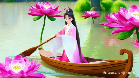 （头戴蝴蝶发簪，长发披肩，穿粉白渐变襦裙）中国古风少女快速划动船桨，船身擦过粉色荷花，溅起晶莹水珠，荷花茎秆弯曲，手持晃动特写镜头，中国古代卡通，明亮的色彩，3d皮克斯风格 by Hailuo AI Video Generator