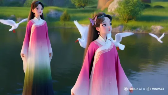 （头戴蝴蝶发簪，长发披肩，穿粉白渐变襦裙）中国古风少女仰望天空，白色鸥鹭群飞起，羽毛缓缓飘落，水面泛起晨光，广角仰拍慢动作，中国古代卡通，明亮的色彩，3d皮克斯风格 by Hailuo AI Video Generator