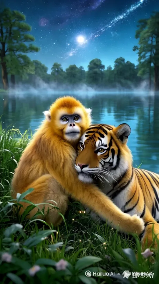 猴子搂着老虎亲[右移,左摇,跟随] by Hailuo AI Video Generator