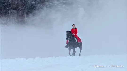 风雪连天，一骑绝尘，身穿红色工作服的石油女孩骑在马上飞奔 by Hailuo AI Video Generator