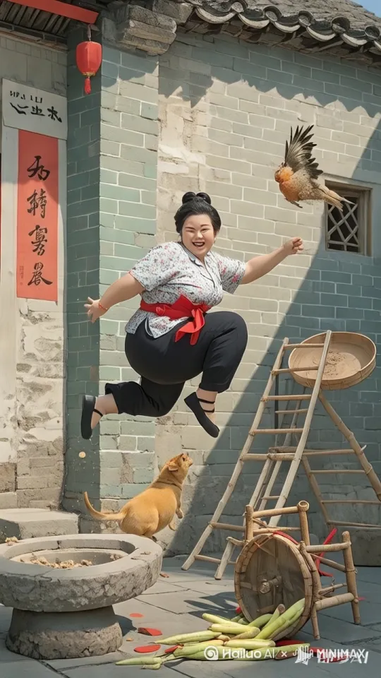 【视频提示词】  
**起跳蓄力**：  
低角度仰拍胖大婶扎马步蓄能，特写塑料凉鞋深陷松软泥土，脚踝脂肪波纹扩散特效，蹬地瞬间触发环形气浪吹飞竹匾辣椒  

**腾空阶段**：  
120帧升格镜头跟拍45°斜向飞跃，牡丹衬衫鼓成半球状，空中掠过惊飞鸡群（羽毛慢速悬浮），双腿呈蛙跳姿态与屋檐形成黄金分割线  

**精准落瓦**：  
特写瓦片受压波浪形凹陷（保留物理形变痕迹），双脚落地时触发太极状金光涟漪，三层晾晒被褥如云朵弹起缓冲，看门黄犬后空翻炸毛特效  

**环境响应**：  
冲击波震落房梁积尘形成星环，窗台搪瓷缸高频震颤，背景山体滚石悬停构成惊叹号阵列，瀑布水珠凝结彩虹透镜效果  

**技术参数**：  
8K超清｜动态模糊12%｜粒子流体模拟｜景深分层渲染（f/1.4-f/22）｜添加0.2%胶片噪点｜音效同步低频震动波  

（199字）  

采用「反重力喜剧」视觉逻辑，通过瓦片形变与太极金光平衡夸张与真实感，晾晒被褥缓冲既符合物理规律又增强戏剧张力，是否需要增加人物得意表情特写或隐藏剧情线索（如屋顶暗藏轻功秘籍）？ by Hailuo AI Video Generator