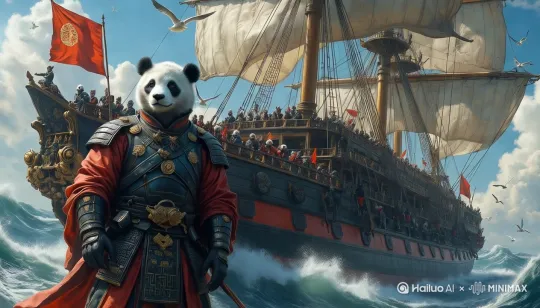 [左移,上升]镜头上升展示战船的雄伟，海面上波涛汹涌 by Hailuo AI Video Generator