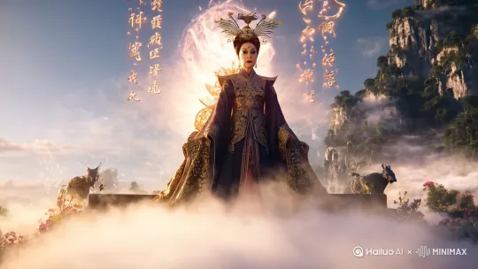 山海经中，西王母身着华丽袍服，头戴凤冠，面容威严且神秘，眼神深邃，端坐在昆仑山的神座之上，周围云雾缭绕，神座下瑞兽环绕，背后是奇异的光芒与古老的符文，8K高清，神秘烟雾效果，诡异氛围，超现实主义，细腻质感。写实摄影风格、奇幻艺术美学、电影灯光、中国怪诞美学、浪漫风景、细线条、虚幻引擎渲染、空灵渲染、仙境背景、自然光，精致的细节，美丽的灯光效果，梦幻引擎， by Hailuo AI Video Generator