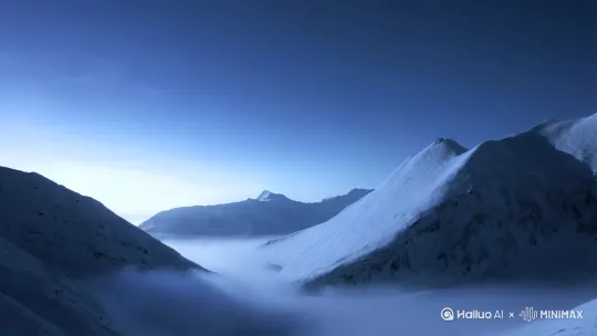 镜头推进，冷色调的雪山场景，色温从浅蓝渐变至深蓝，云雾在寒风中缓慢流动，冰层覆盖的山脉与冷色调天空形成对比，远景，自然光下环境逐渐变得清冷肃穆，画面丰富细节，整体氛围宁静而孤寂。 by Hailuo AI Video Generator
