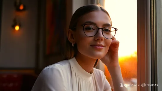 一个30岁知性美女，她五官精致，佩戴细边框眼镜，身着白色时尚法式连衣裙，优雅而时尚。她坐在充满文艺气息的咖啡馆窗边，轻轻抿嘴喝着咖啡，表情放松惬意，充满自信与活力，眼神中散发出明亮的光芒。镜头先特写女孩侧面，随后缓缓拉远并旋转，展示出她的正面全景。此时正值黄昏时分，阳光透过窗户洒在女孩脸上，暖色调的光线使画面显得温馨而色彩明亮。 by Hailuo AI Video Generator