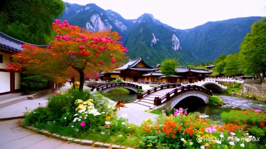 背靠大山的民舍，小桥流水，柿树，狗，房前鲜花。 by Hailuo AI Video Generator