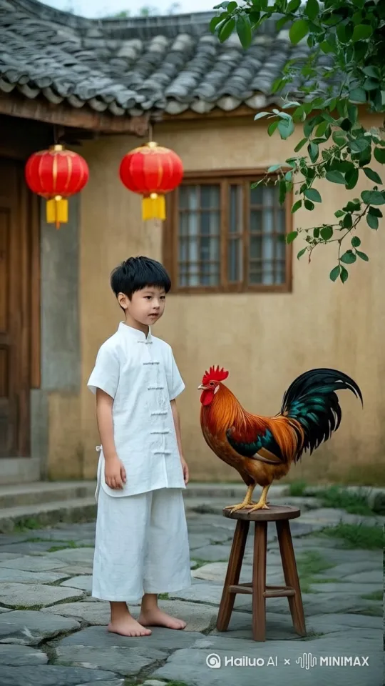 功夫对决，迅猛出招，腾空飞踢。公鸡也凶猛出招，公鸡扑向小男孩，扑向小男孩身上 by Hailuo AI Video Generator