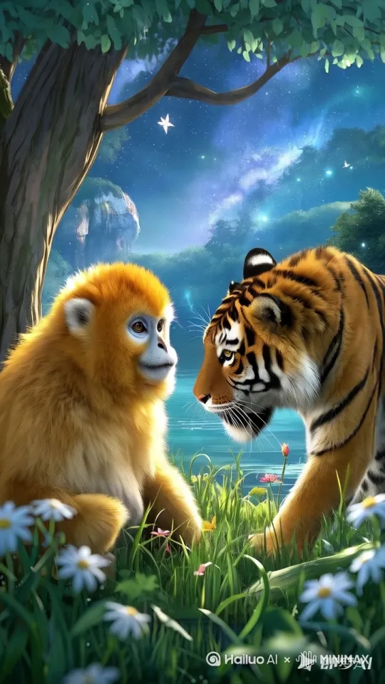猴子和老虎亲吻[上升] by Hailuo AI Video Generator