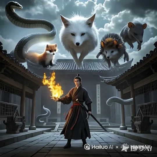 屋顶的动物跳下来，围绕在男子边上 by Hailuo AI Video Generator