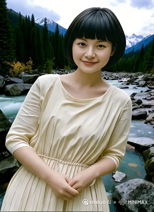照片中人物在山川河边走动戏水摸 by Hailuo AI Video Generator